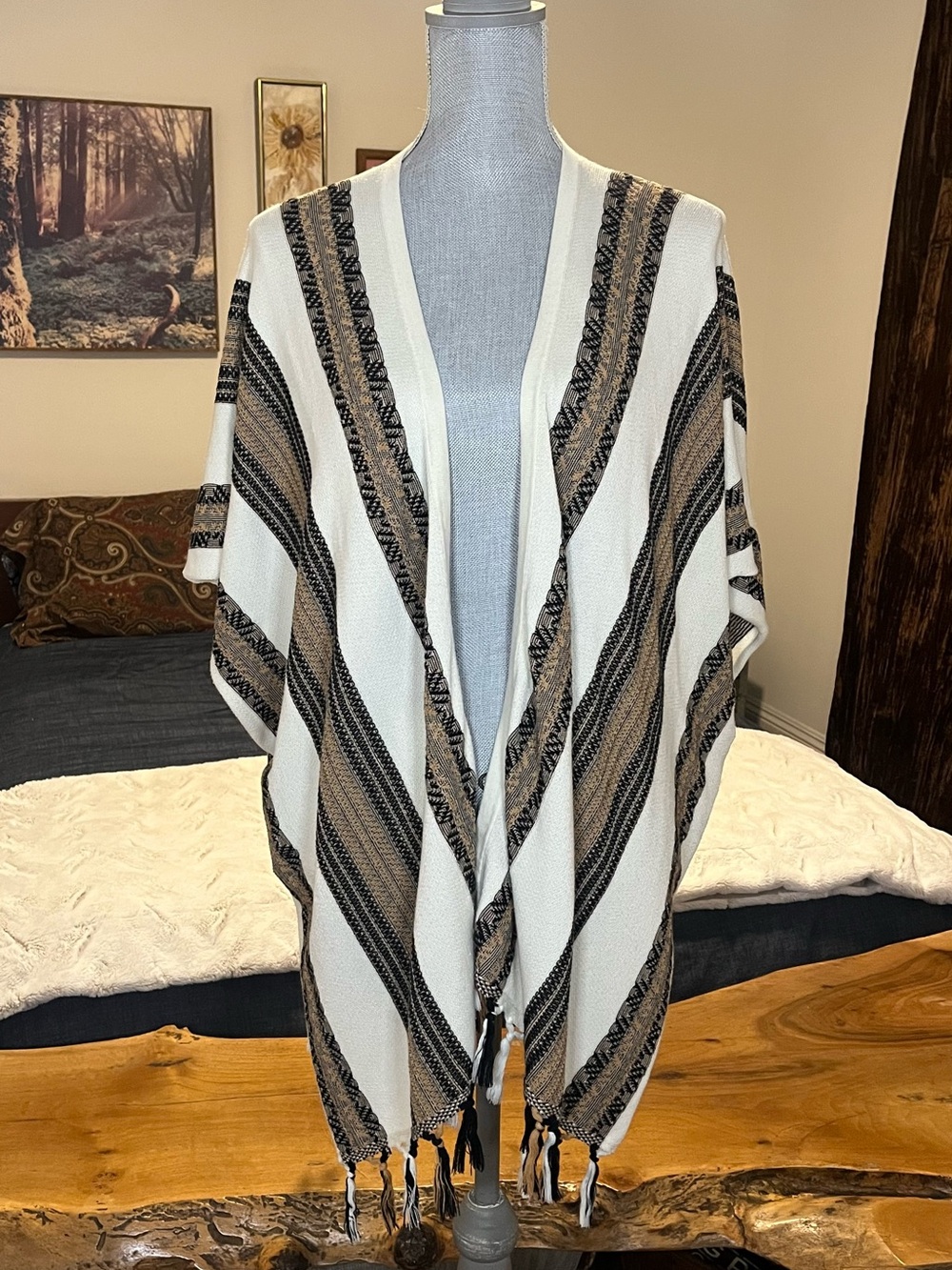 Pendleton Ruana Pima Cotton Open Front Cardigan Tassle Hem Super Soft & Ligh